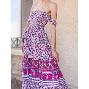 Abel the Label Anthropologie Maxi Dress S Pink Floral Tiered Smocked Cottagecore